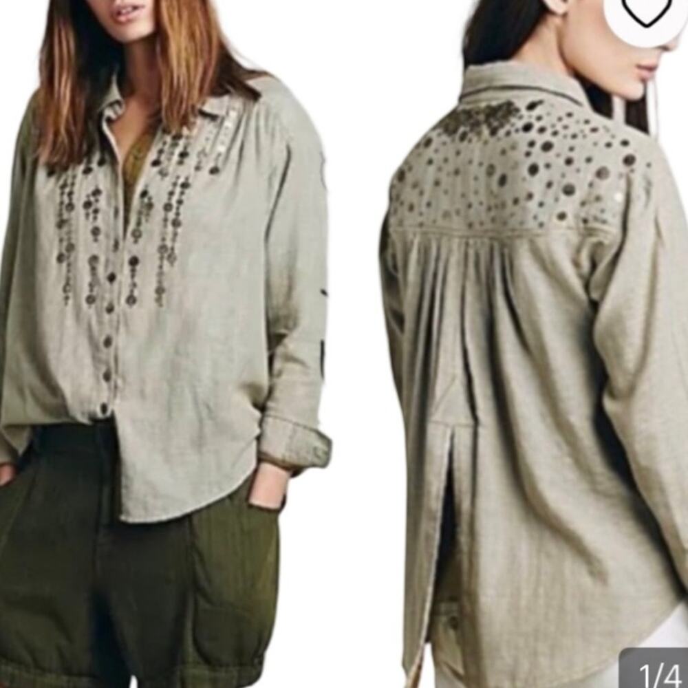 Free People Coin Embellished Striped Button Down Top LARGE‎ Boho Peasant Casual